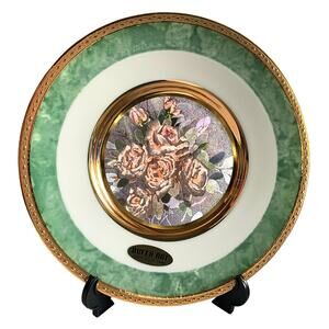 Vintage Dufex Art Japanese Chokin Plate Pink Roses with 24kt Gold  Box & Stand